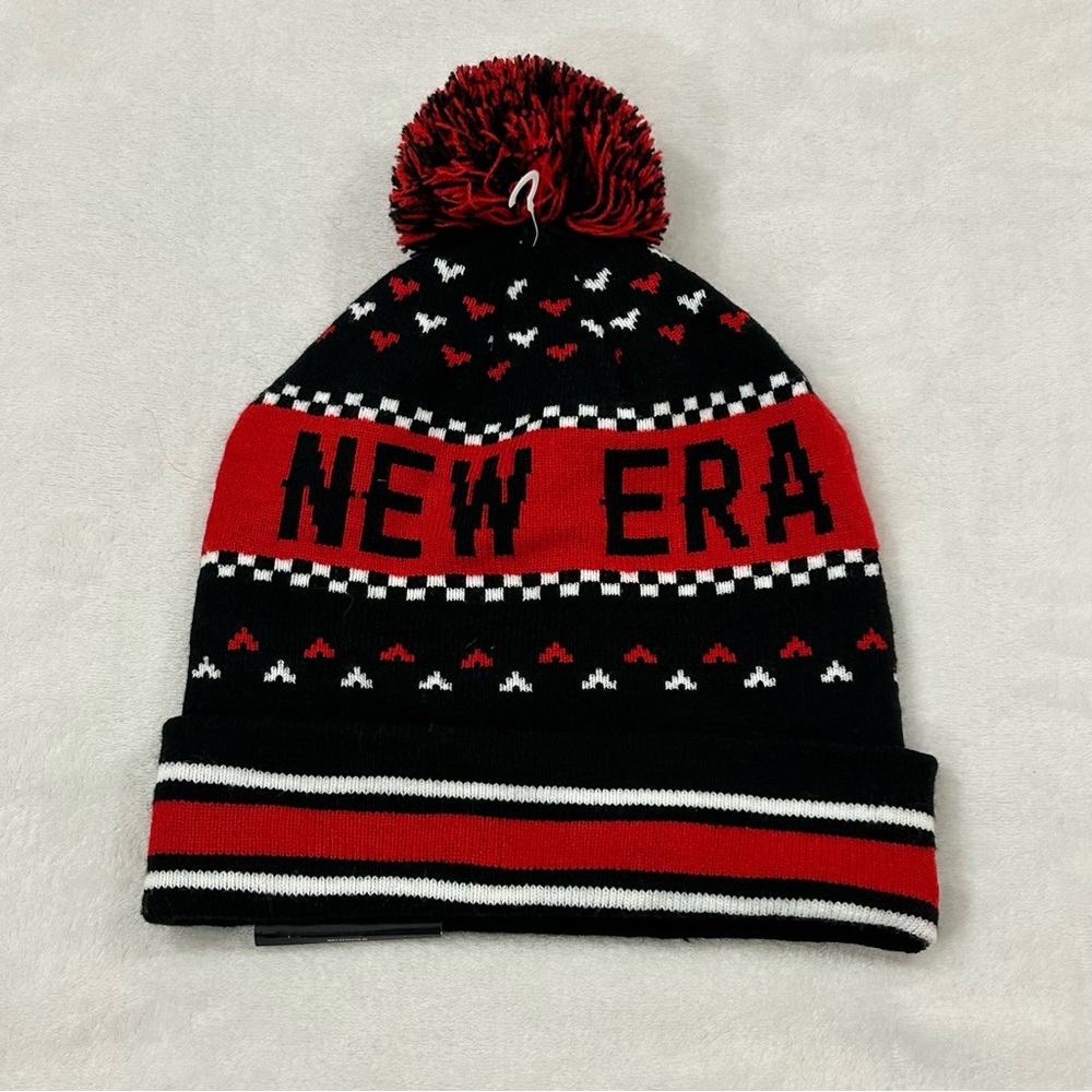 New Era Spell Out w/ Hearts Black Red Cuffed Knit Pom Pom Winter Beanie Hat Cap - Picture 3 of 5